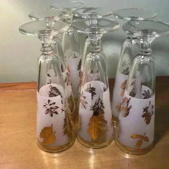 SET of 7 Libbey  Flute stem Beer glasses Frosted gold leaf 8.25" x 2.75" - Picture 15 of 16